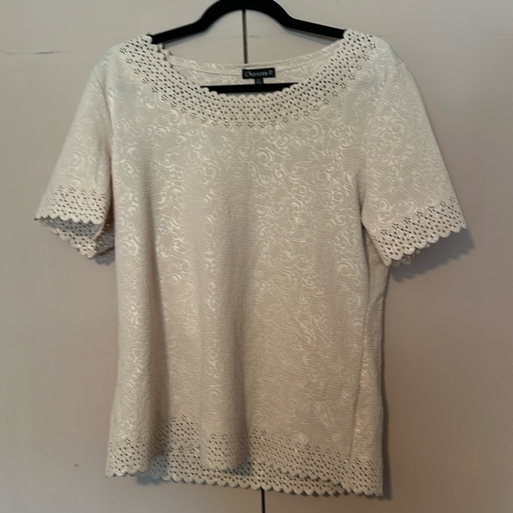 5/$25 will bundle Creamy laser cut short sleeve top with jacquard detail